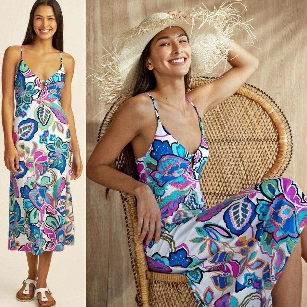 Trina Turk Mandalay Floral Cut Out Back Swim Jersey Cover Up Midi Dress M